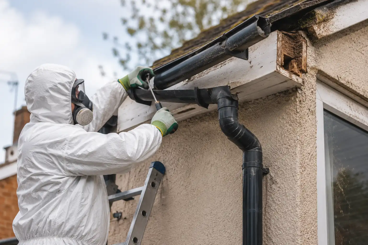UKATA-trained operative in full PPE dismantling asbestos cement guttering and downpipes from a Surrey roofline.