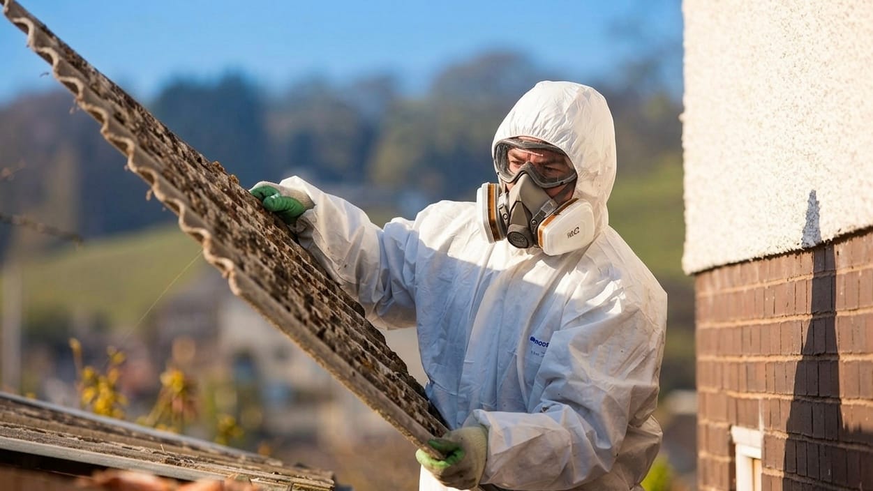 UKATA-trained operative in full PPE removing a degraded corrugated asbestos cement sheet from a Surrey home.