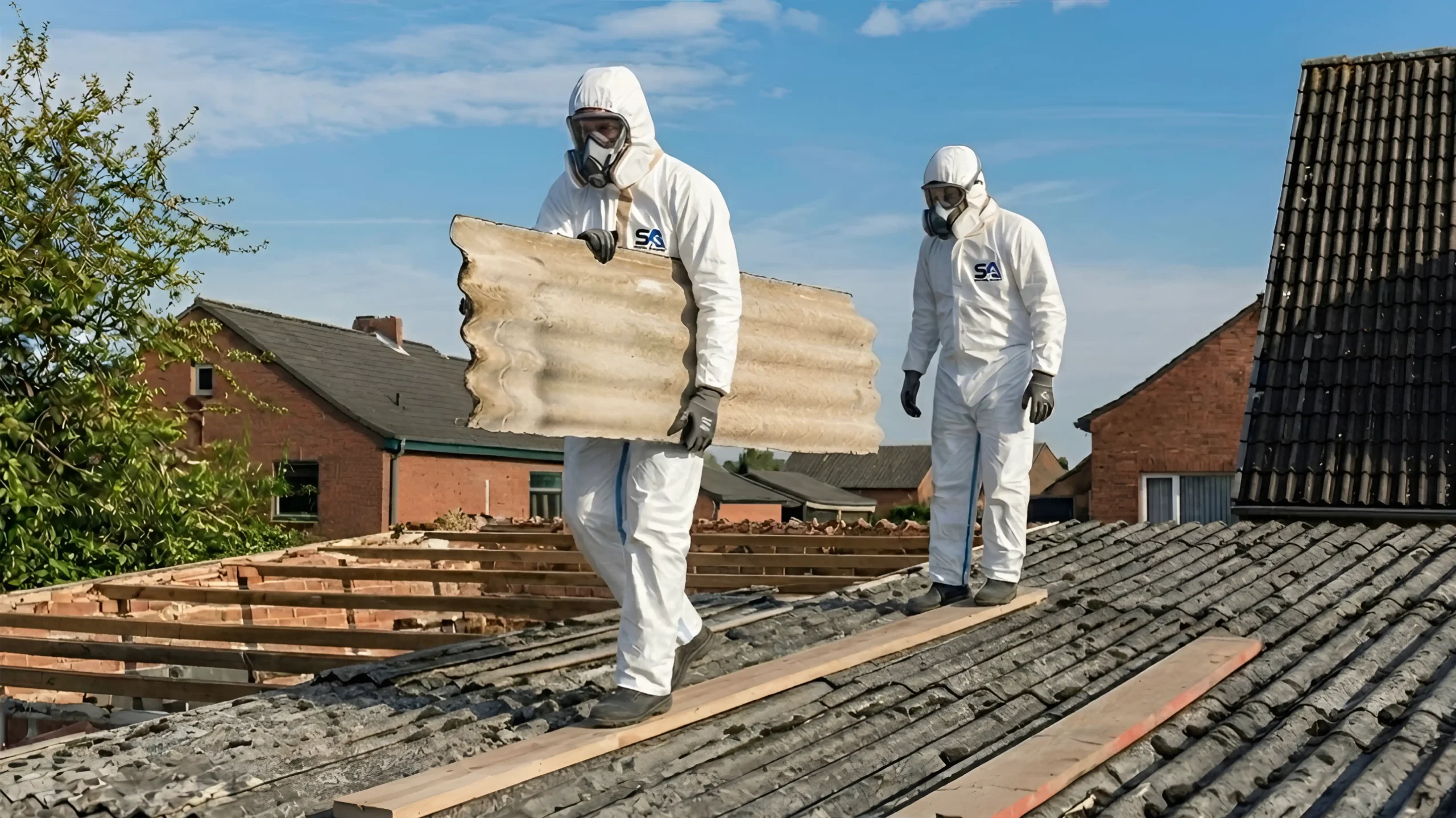 Surrey Asbestos operatives in full PPE removing corrugated asbestos cement sheets from a Surrey residential roof.