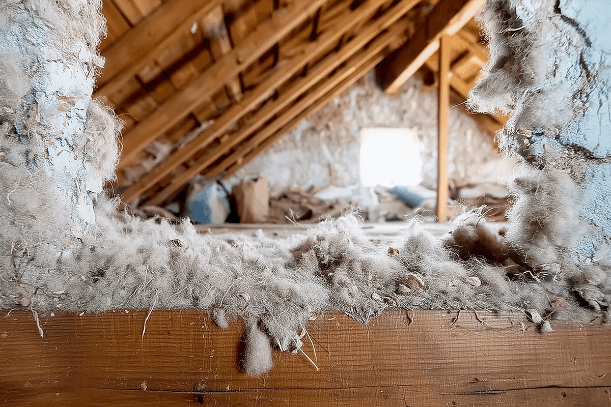 Loose fill asbestos insulation in a Surrey loft requiring licensed removal by Surrey Environmental Services.
