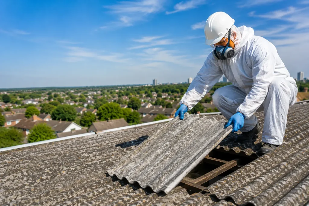 UKATA-trained operative in protective clothing lifting corrugated asbestos cement sheets during removal in Surrey.