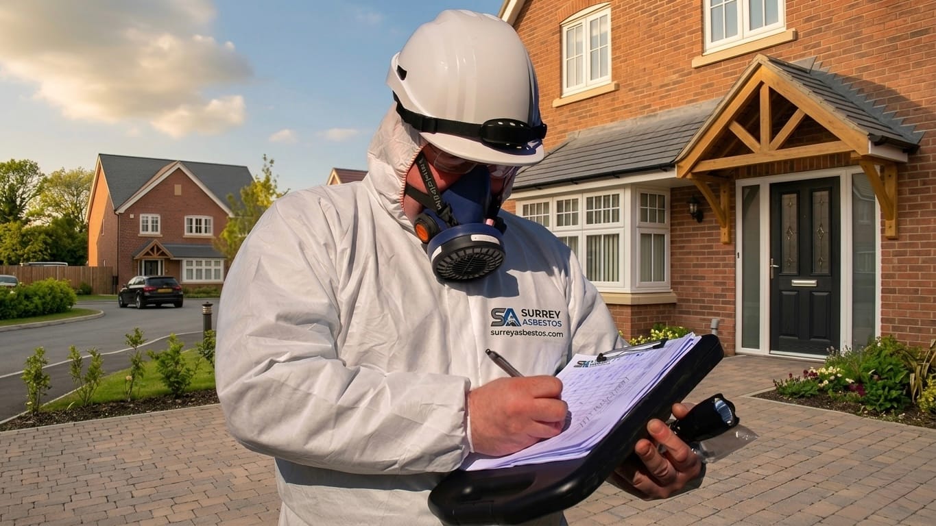 Surrey Asbestos operative in full PPE completing survey documentation outside a Surrey residential property