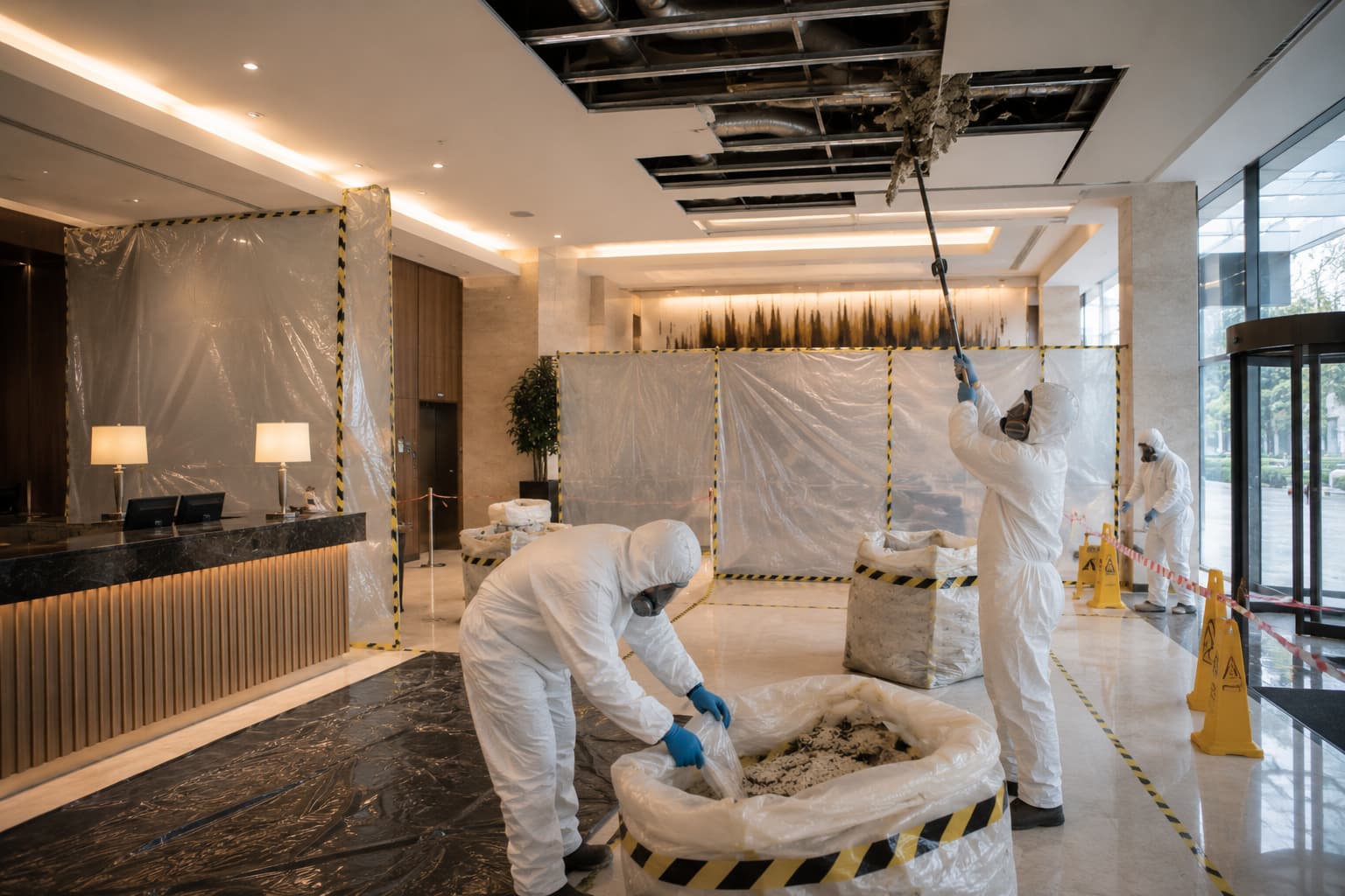 UKATA-trained operatives in full PPE removing asbestos from a commercial suspended ceiling with full containment in Surrey.