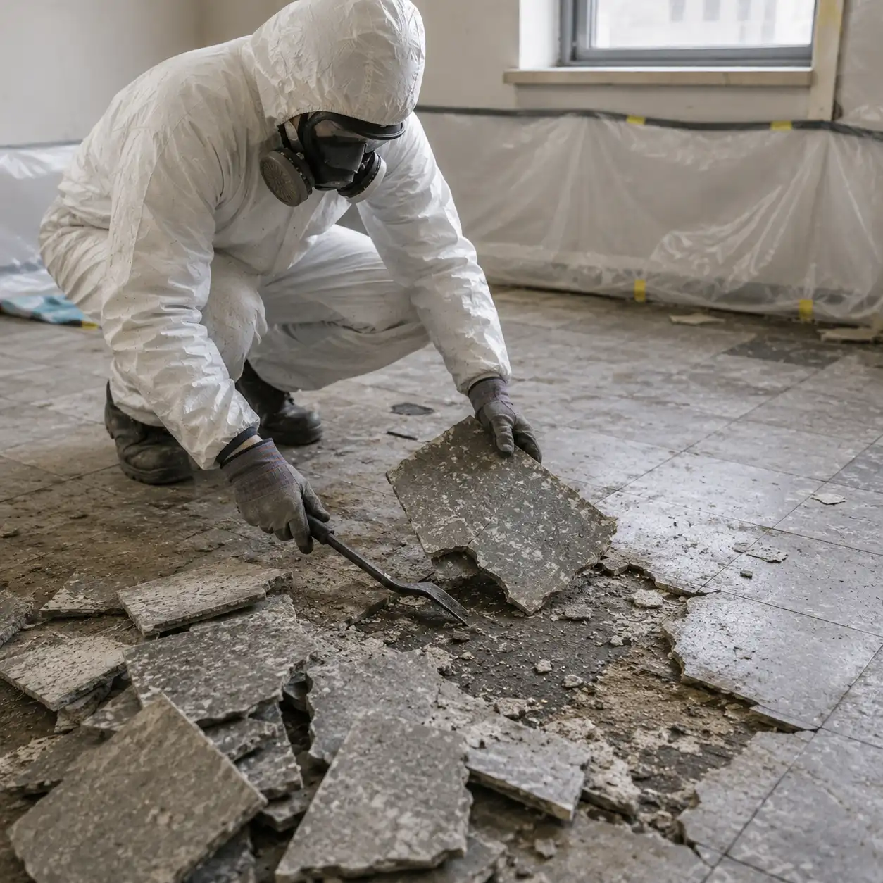 UKATA-trained operative in full PPE removing asbestos vinyl floor tiles inside a sealed containment zone in Surrey.