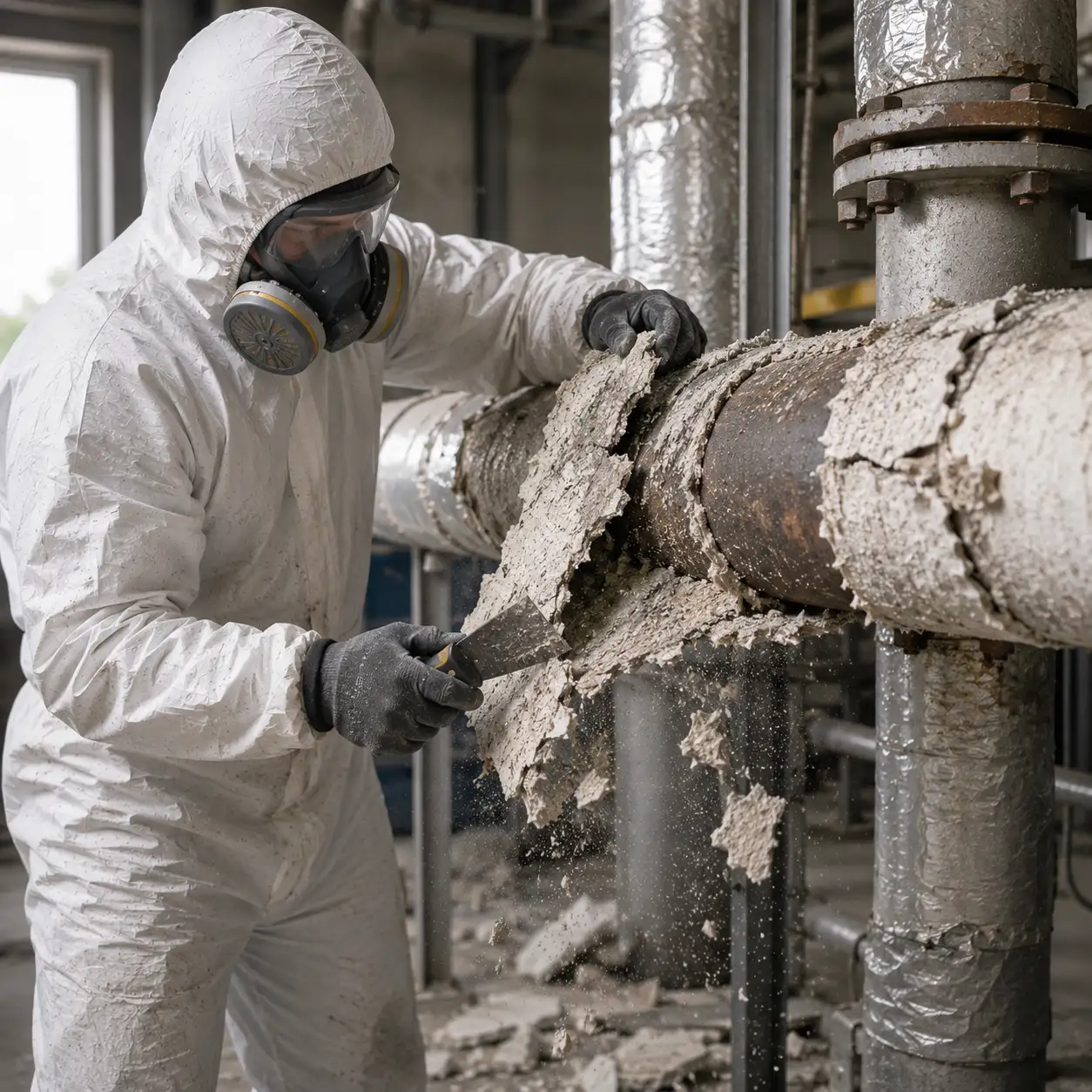 Licensed asbestos removal operative in full PPE stripping degraded asbestos lagging from heating pipework in Surrey.
