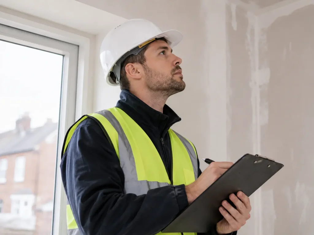 Expert surveyor in a hard hat and safety vest evaluating a residential ceiling for a fixed asbestos removal quote in Surrey.