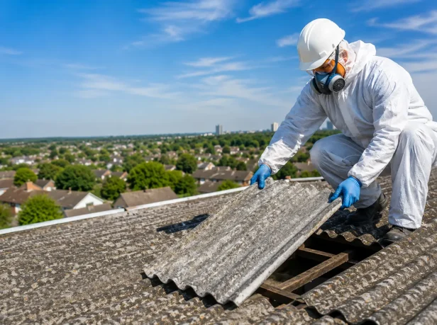 UKATA-trained operative in full PPE removing corrugated asbestos cement roof sheet from a residential property in Surrey