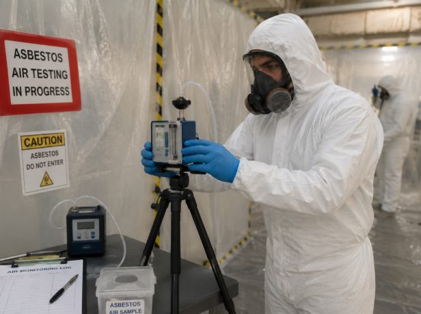 UKAS-accredited analyst operating air monitoring equipment during 4-stage clearance testing in a sealed Surrey enclosure.