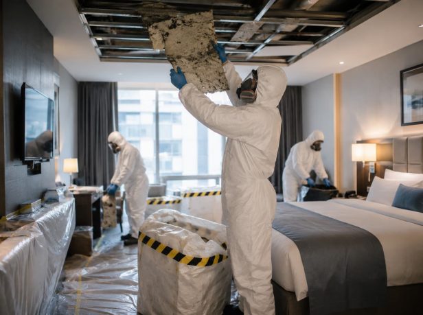 UKATA-trained operatives in full PPE removing asbestos ceiling tiles from a Surrey home with containment sheeting.