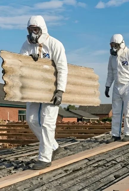 Surrey Asbestos operatives in full PPE removing corrugated asbestos cement sheets from a Surrey residential roof.