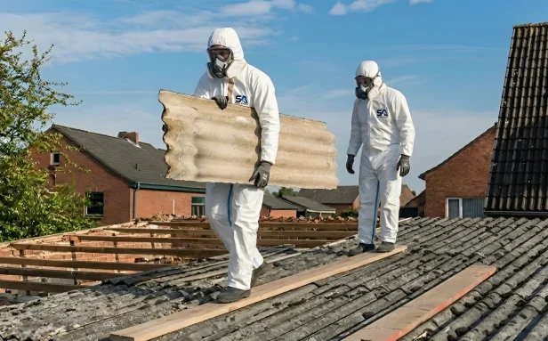 Surrey Asbestos operatives in full PPE removing corrugated asbestos cement sheets from a Surrey residential roof.