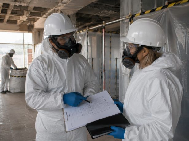UKATA-trained asbestos removal operatives in full PPE reviewing documentation inside a sealed containment enclosure in Surrey