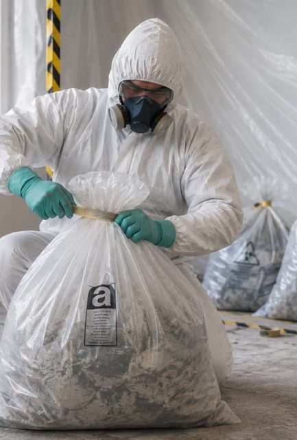 UKATA-trained operative sealing compliant asbestos waste bags for licensed disposal in Surrey