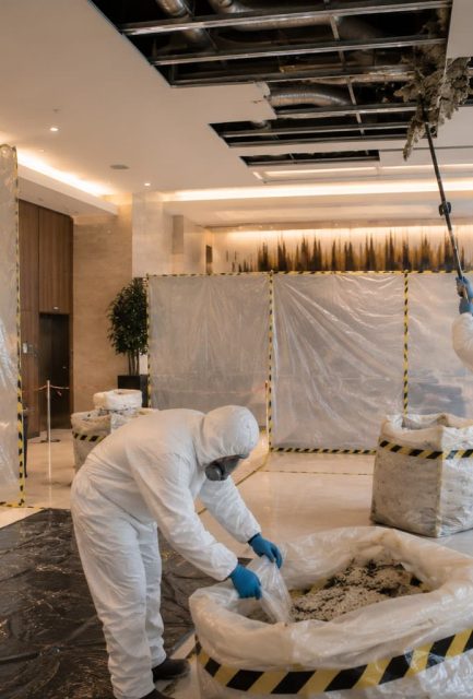 UKATA-trained operatives in full PPE removing asbestos from a commercial suspended ceiling with full containment in Surrey.