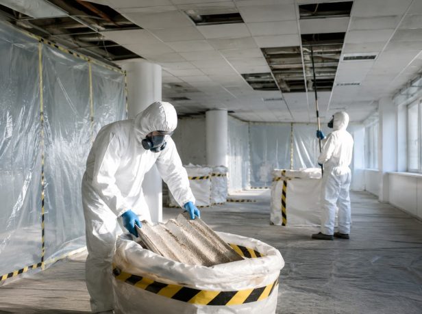UKATA-trained operatives in full PPE removing asbestos ceiling tiles from a Surrey commercial property with containment.