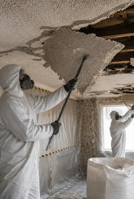 UKATA-trained operatives in full PPE safely removing an asbestos ceiling inside a sealed containment zone in Surrey.