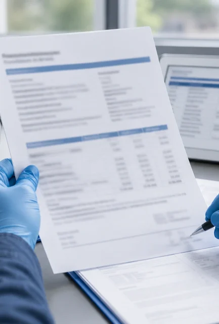 A first-person perspective of an operative wearing blue nitrile gloves reviewing and signing an official asbestos clearance certificate or survey report on a desk, next to a safety helmet, respirator, and environmental testing devices.
