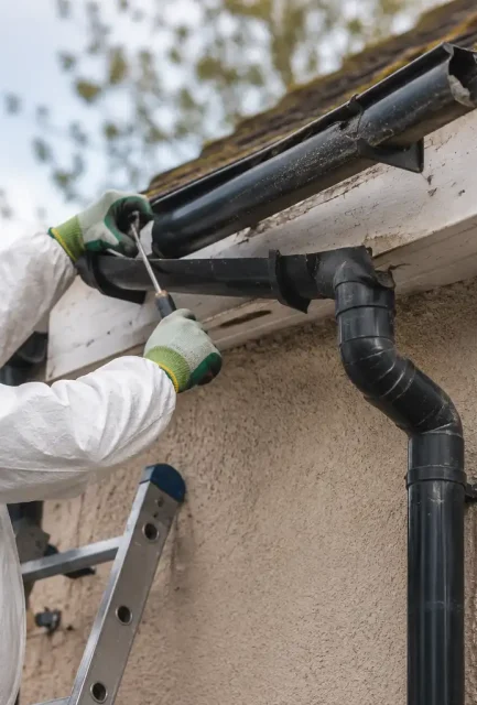 UKATA-trained operative in full PPE dismantling asbestos cement guttering and downpipes from a Surrey roofline.