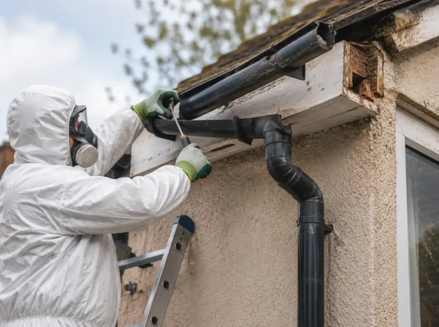 UKATA-trained operative in full PPE dismantling asbestos cement guttering and downpipes from a Surrey roofline.