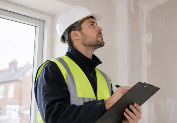 Expert surveyor in a hard hat and safety vest evaluating a residential ceiling for a fixed asbestos removal quote in Surrey.
