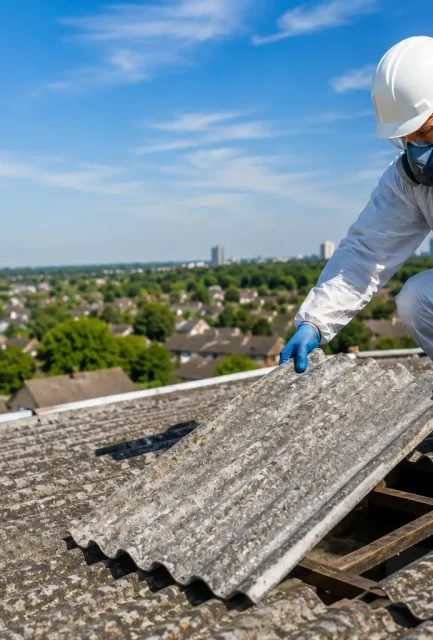 Trained operative in full protective equipment lifting a corrugated asbestos cement roof sheet from a Surrey home.