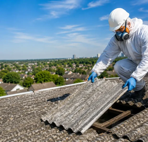 Trained operative in full protective equipment lifting a corrugated asbestos cement roof sheet from a Surrey home.