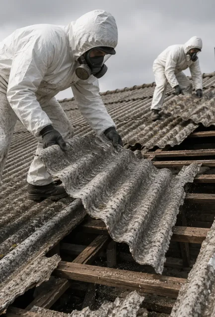 Two UKATA-trained operatives in full PPE lifting corrugated asbestos cement sheets during a roof removal project in Surrey.
