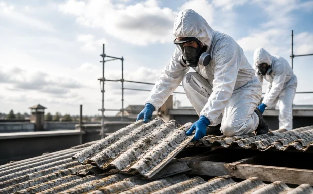 Two asbestos removal specialists in full PPE dismantling a contaminated corrugated garage roof in Surrey.