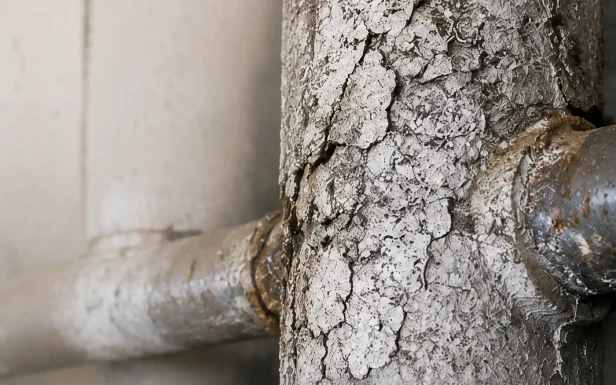 Close-up of cracked asbestos pipe lagging and thermal insulation around industrial plumbing lines.