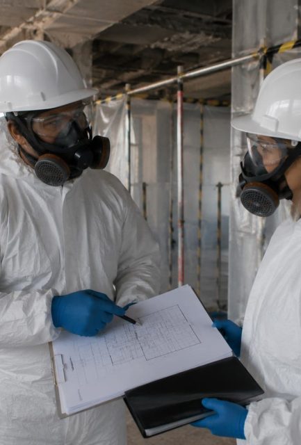 UKATA-trained asbestos removal operatives in full PPE reviewing documentation inside a sealed containment enclosure in Surrey.
