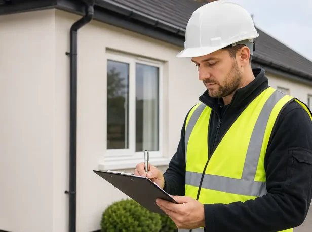 Professional asbestos surveyor in a hard hat and high-visibility vest completing a property assessment in Surrey.