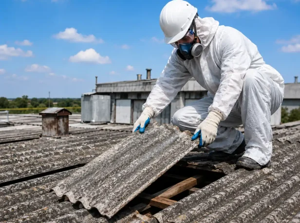 UKATA-trained operative in protective clothing lifting corrugated asbestos cement sheets during removal in Surrey.