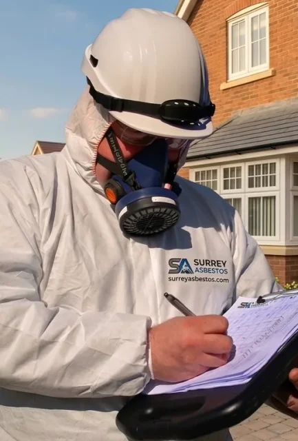 BOHS-trained asbestos surveyor inspecting a residential property ceiling in Surrey