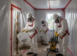 Three accredited asbestos operatives in full PPE bagging hazardous waste and vacuuming inside a sealed enclosure in Surrey.