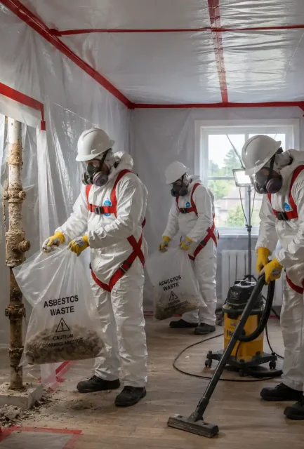 Three accredited asbestos operatives in full PPE bagging hazardous waste and vacuuming inside a sealed enclosure in Surrey.